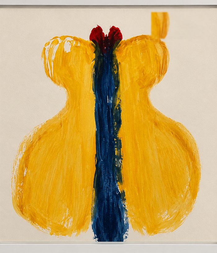A child's painting of a yellow butterfly with a dark blue body and red antennae, framed