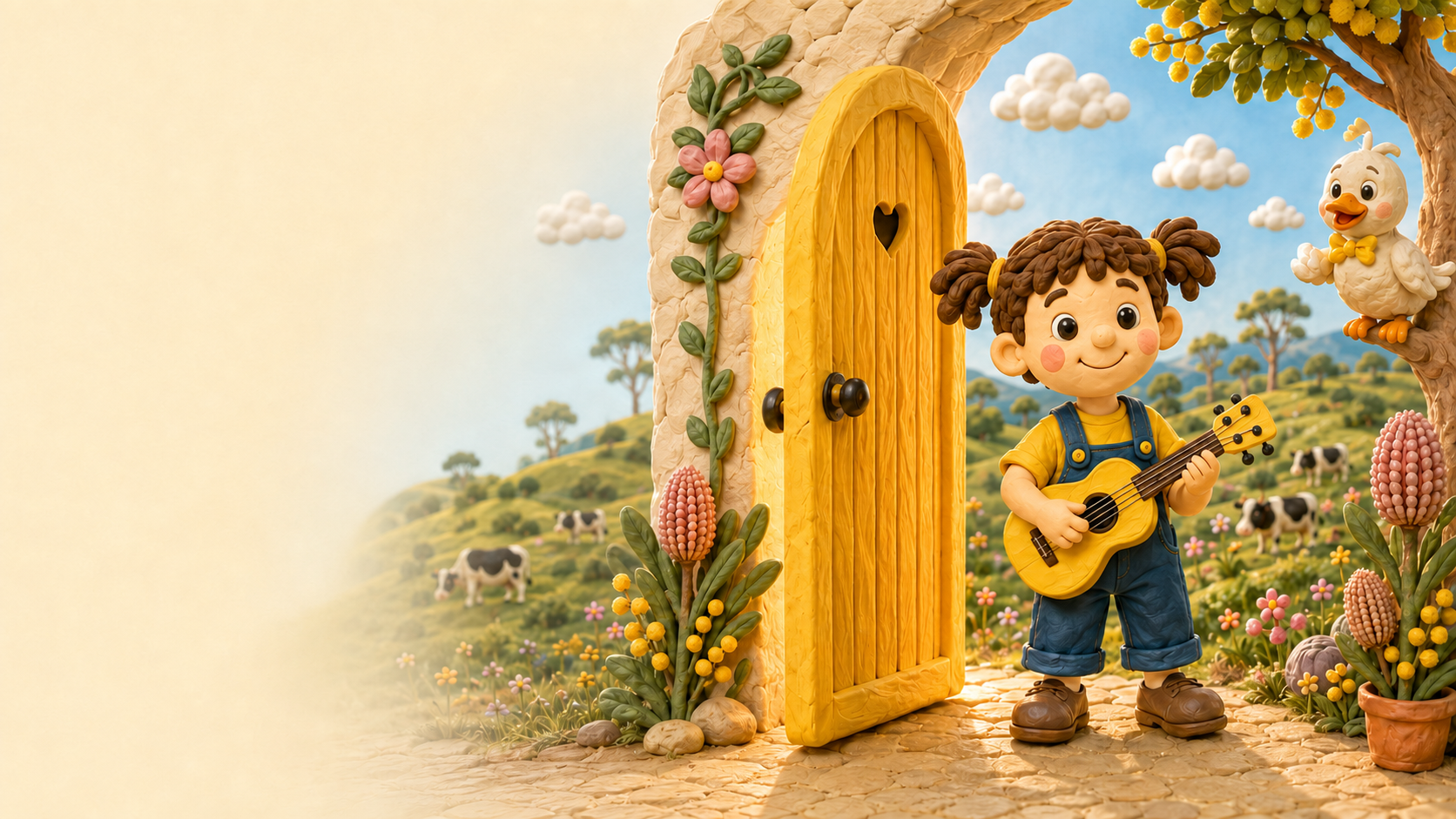 Alex holding a yellow ukulele beside the open Yellow Door in the Australian countryside