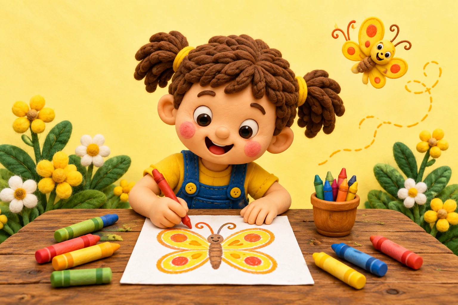 Alex drawing a colourful butterfly with crayons