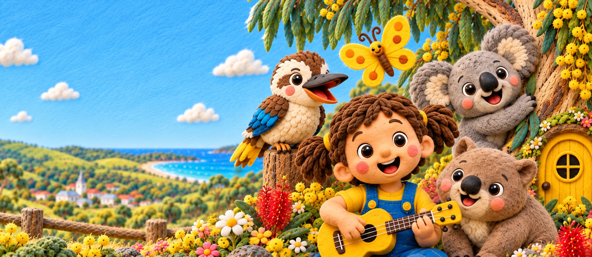 Alex playing her yellow ukulele with Kookaburra, Koala and Wombat in their colourful Australian world