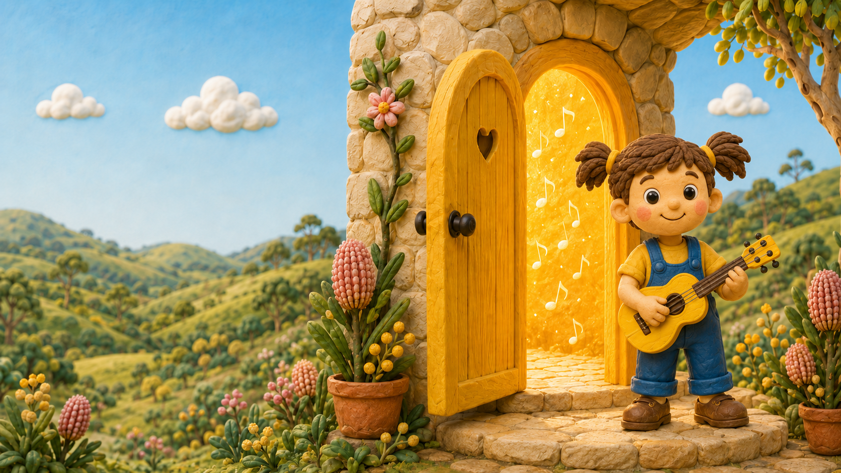 Alex holding a yellow ukulele beside the glowing Yellow Door in Berry