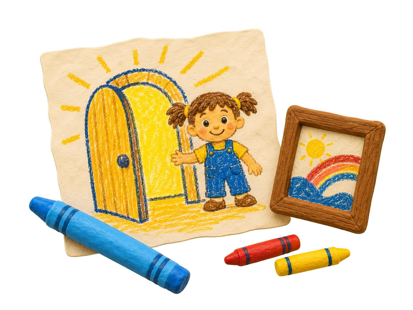 A child’s drawing of Alex and the Yellow Door, with a picture frame and floating crayons