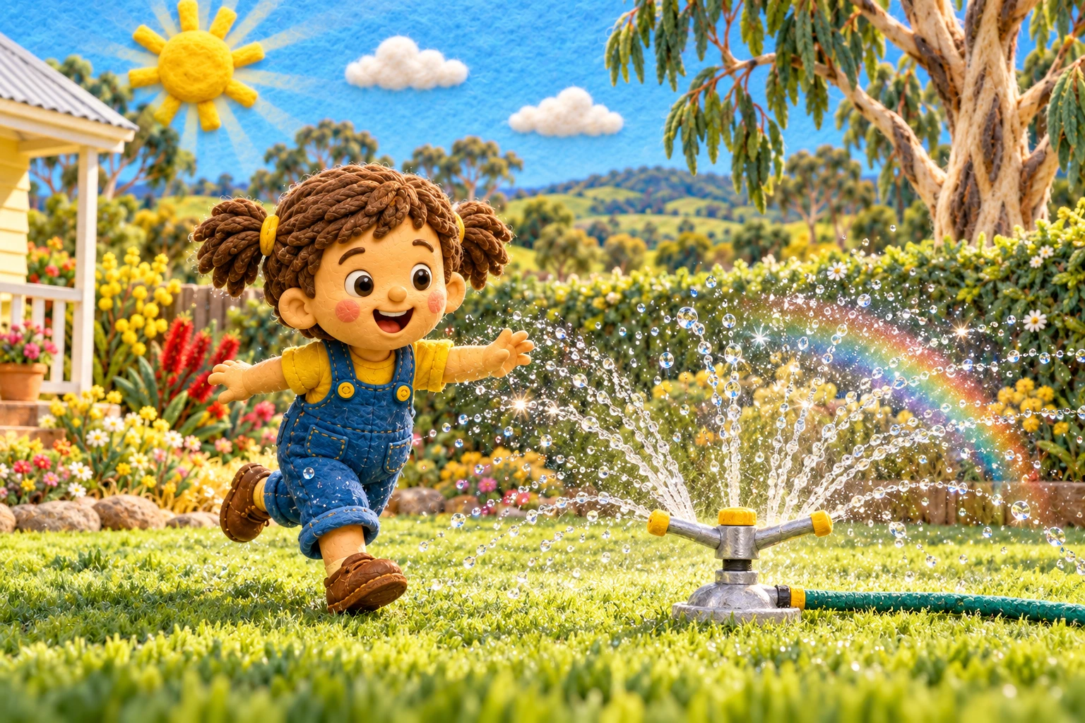 Alex playing beside a silver lawn sprinkler in a sunny Australian backyard