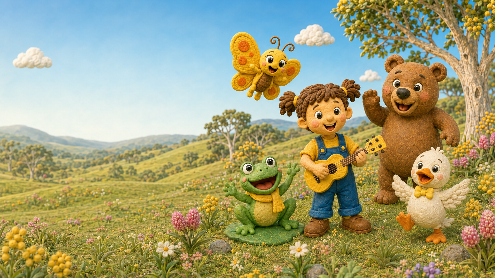 Alex playing a yellow ukulele with Butterfly, Frog, Bear and Duckling in the Australian countryside